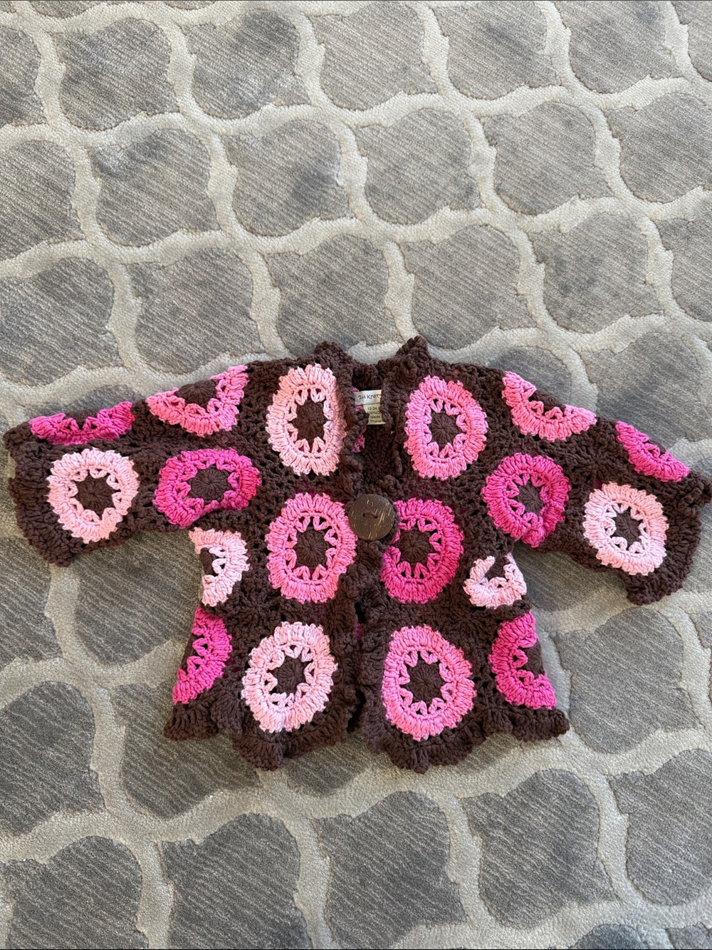 Handmade Crochet Kids Cardigan Jacket - Brown with Pink Circles